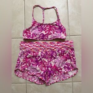 Athleta Girl 2 piece reversible swimsuit kids XL (14) Pink leaf Tropical design